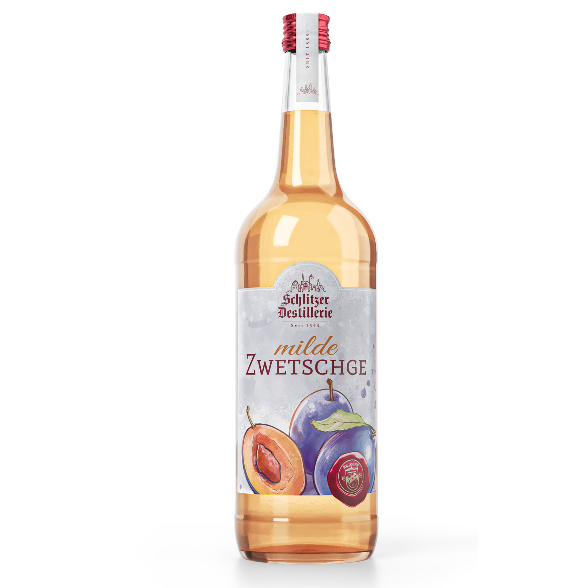Schlitzer Milde Zwetschge 1000ml – Fruchtiger Zwetschgenlikör in hochwertiger Glasflasche Braune 1000-ml-Flasche „Schlitzer Milde Zwetschge VS“ mit goldener Verschlusskappe und weißem Etikett, darauf Produktname, Zwetschgenabbildung und Logo der Schlitzer Destillerie – Fruchtbrand aus Zwetschgen, hochwertig und regional produziert.