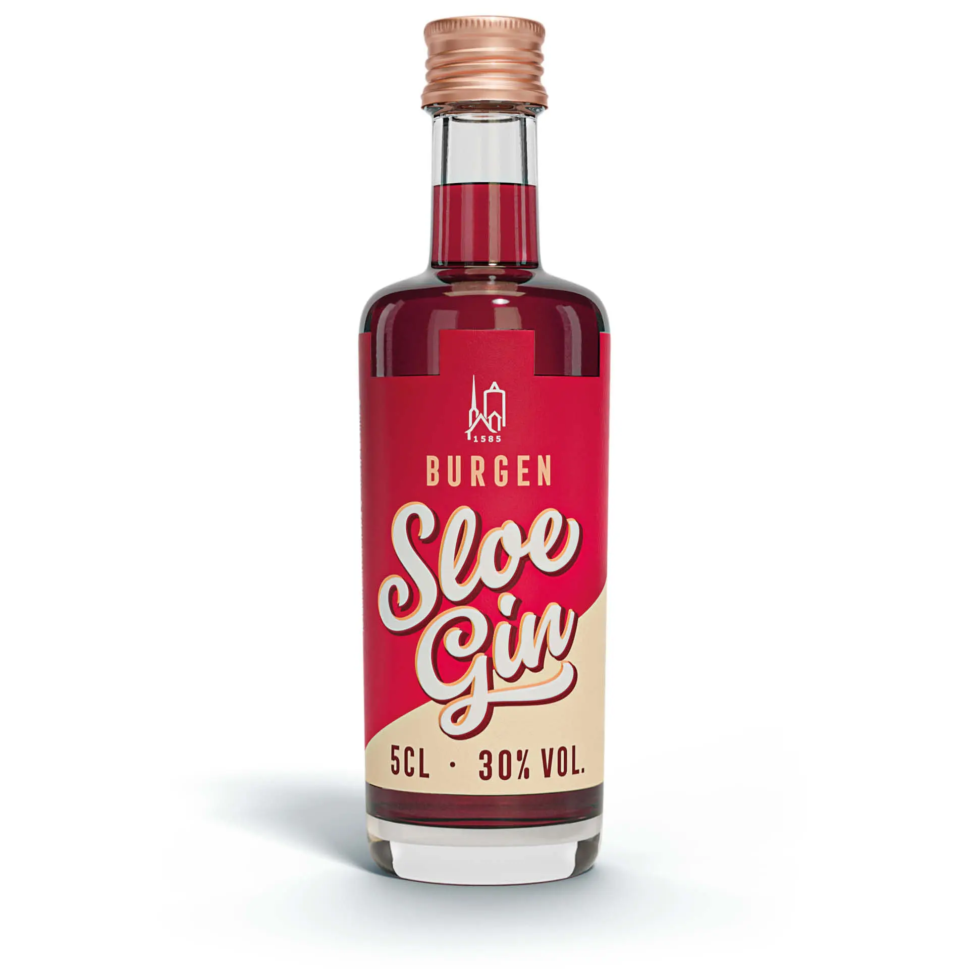 Sloe Gin Miniatur 5cl – Edler Schlehenlikör in hochwertiger Glasflasche Sloe Gin Miniaturflasche 5 cl der Schlitzer Destillerie vor weißem Hintergrund mit leichtem Schatten, edles Design mit rotem Etikett und goldener Schrift.
