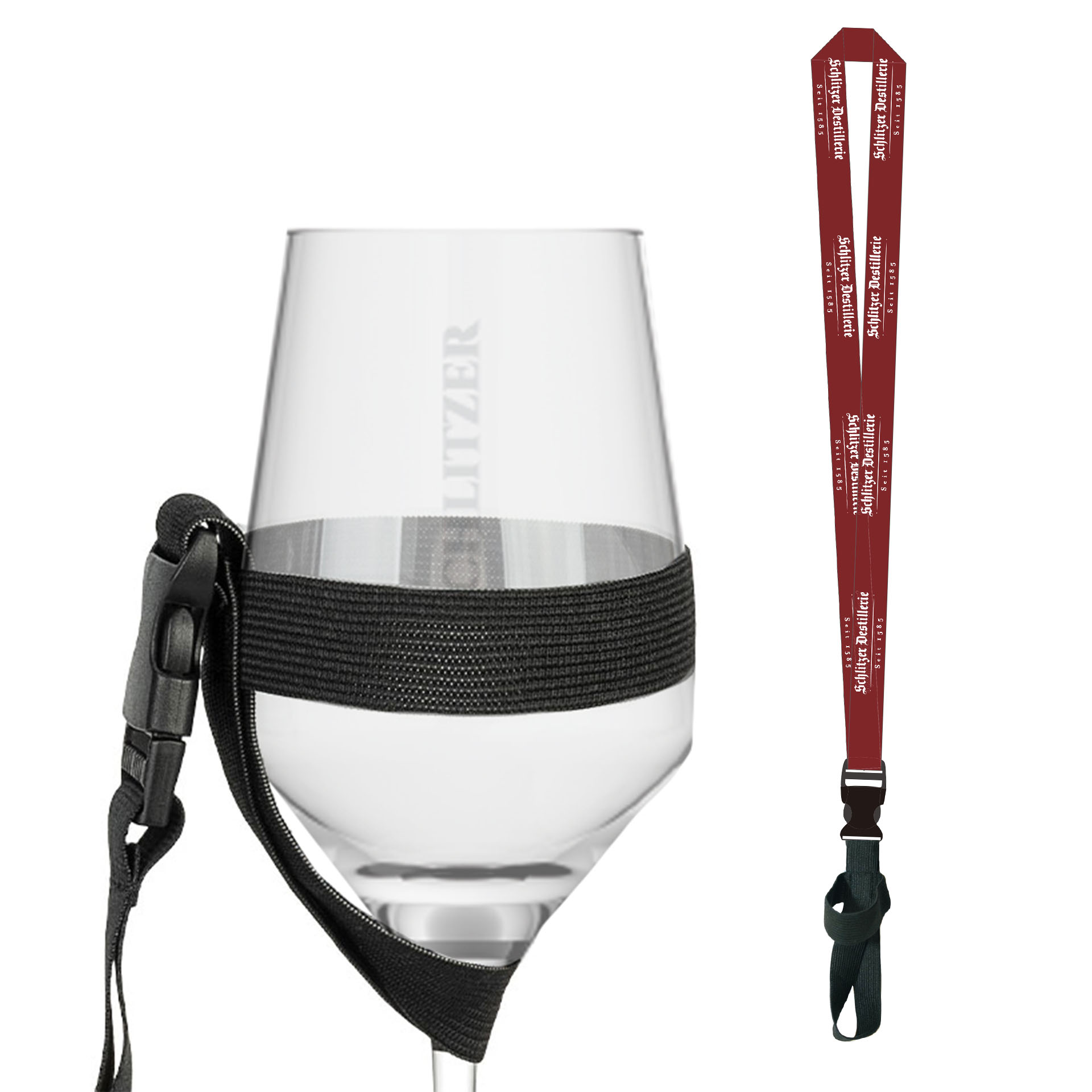 Glashalterband mit Whiskyglas - Schlitzer Destillerie Zubehör Glashalterband mit Glas von Schlitzer Destillerie – Praktisches Band zum sicheren Halten von Gläsern, ideal für Verkostungen und Veranstaltungen.