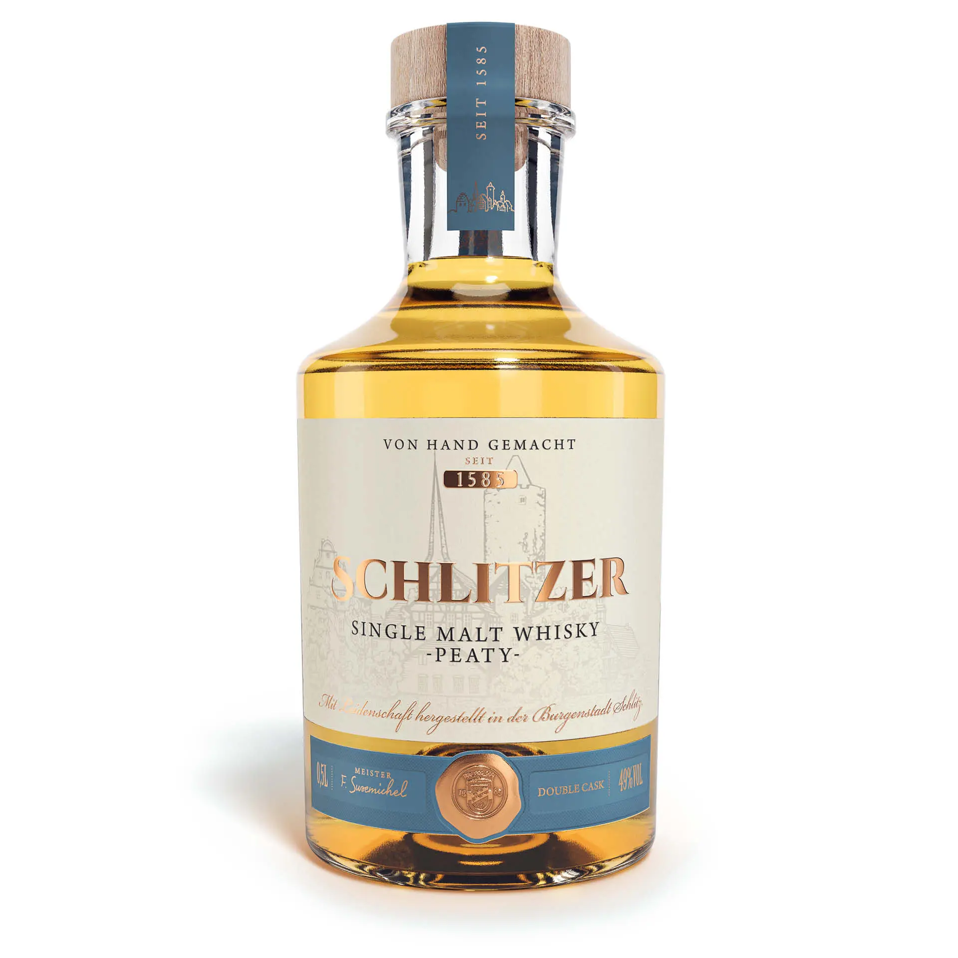 Schlitzer Single Malt Whisky - Peaty - 0,5l Flasche Single Malt Whisky peaty 0,5l Flasche von Schlitzer Destillerie, hochwertige Verpackung mit elegantem Design, rauchige Geschmacksnote, ideal für Whisky-Liebhaber und Sammler.