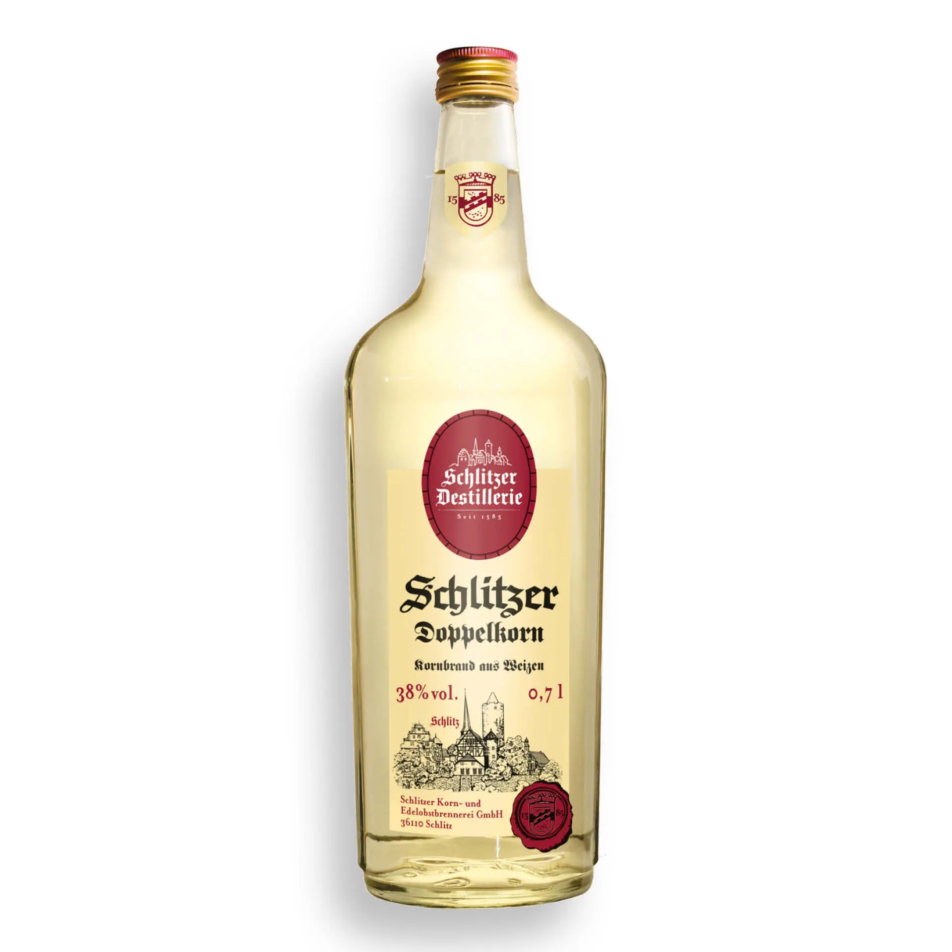 Schlitzer Doppelkorn 700ml – Traditioneller Kornbrand in edler Glasflasche Flasche Schlitzer Doppelkorn 700 ml – glasklare Spirituose mit traditionellem Etikett und rotem Verschluss, deutsche Korn-Spezialität aus der Schlitzer Destillerie.
