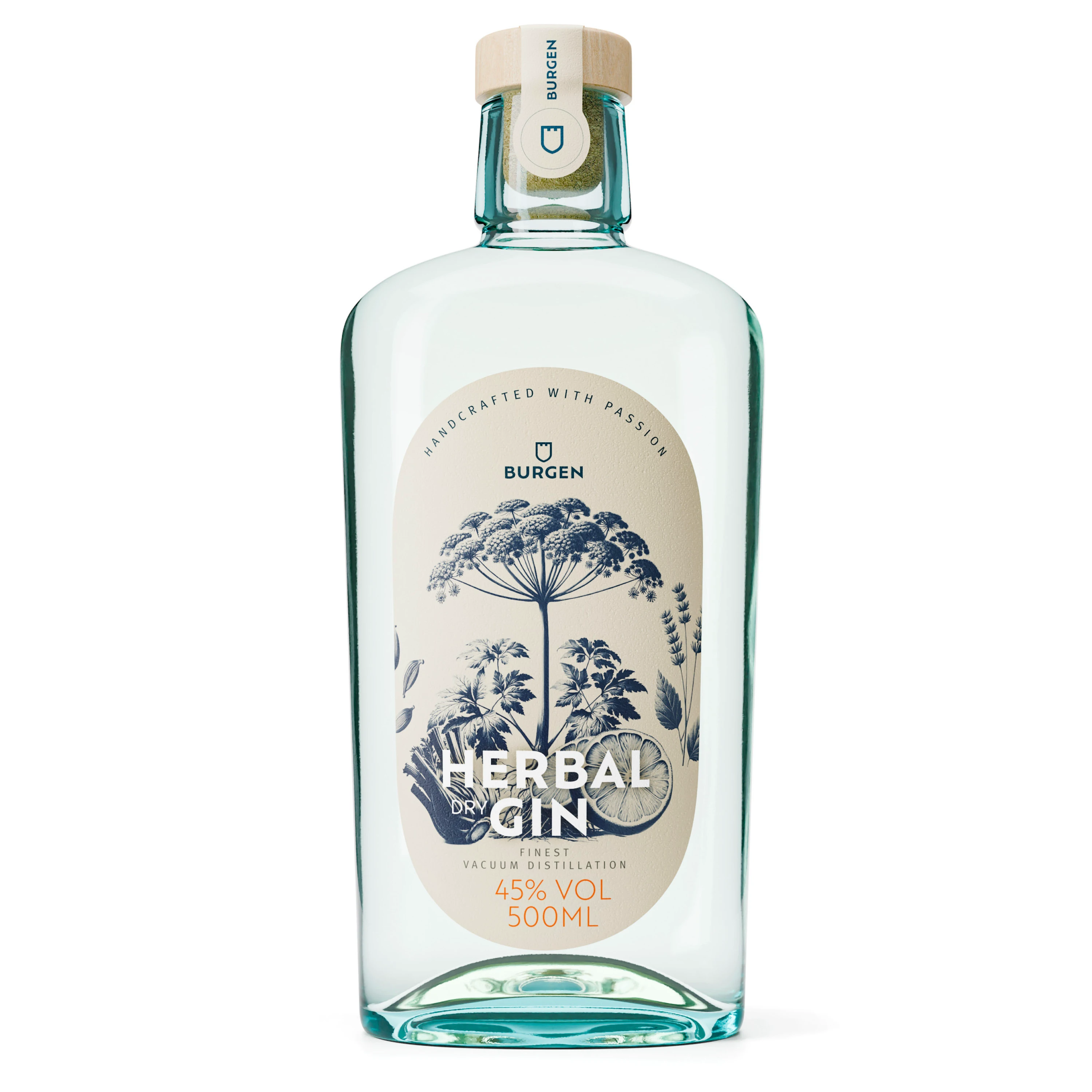 Herbal Dry Gin in eleganter Glasflasche mit Naturkräutern – Schlitzer Destillerie Flasche Schlitzer Herbal Dry Gin vor weißem Hintergrund mit Holzverschluss und grünem Etikett, darauf Schriftzug „Herbal Dry Gin“ sowie Logo der Schlitzer Destillerie.