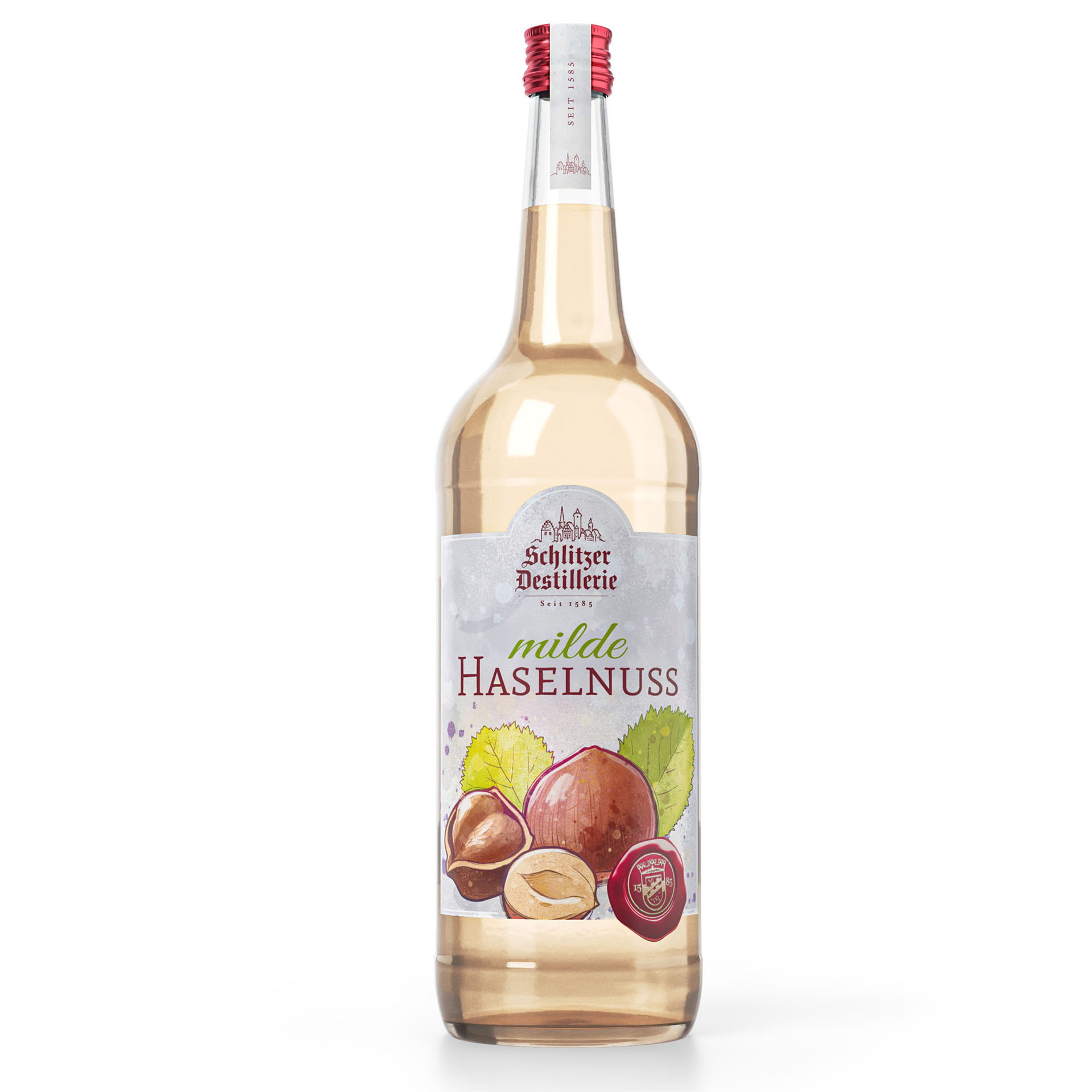 Schlitzer Milde Haselnuss Likör 1L – Nussiger Genuss aus der Schlitzer Destillerie Flasche Schlitzer Milde Haselnuss VS Likör 1000 ml – goldbrauner Nusslikör mit Etikett in Braun- und Beigetönen, Produkt steht freigestellt auf weißem Hintergrund.