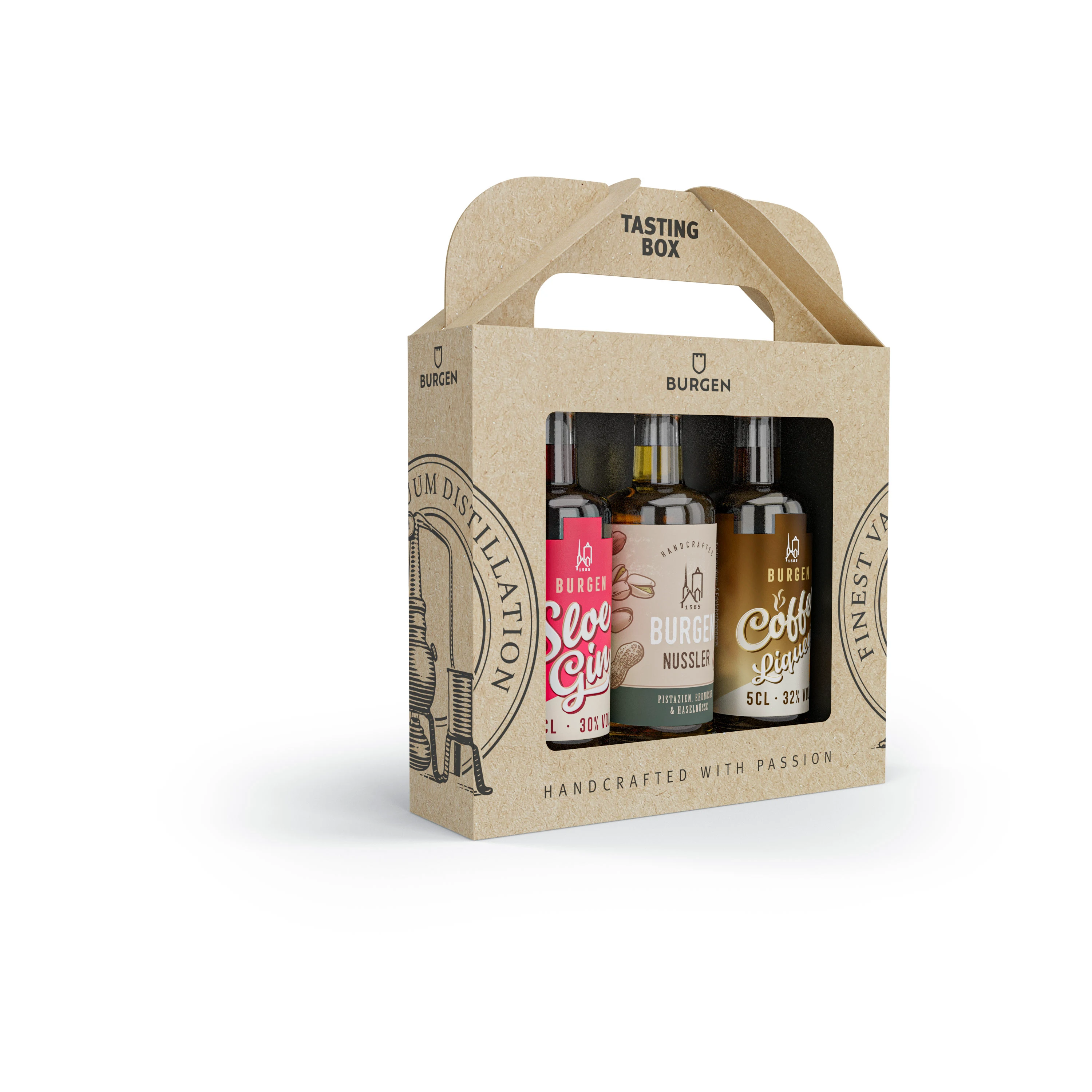 Burgen 3er Tastingbox mit Sloe Gin, Nussler und Kaffee-Likör – Limitierte Spirituosen Geschenkbox Burgen 3er Tastingbox mit Sloe Gin, Nussler und Kaffee-Likör – stilvoll arrangierte Spirituosenflaschen mit passenden Etiketten auf heller Holzunterlage, ideal als Geschenkset oder zum Probieren hochwertiger deutscher Liköre.