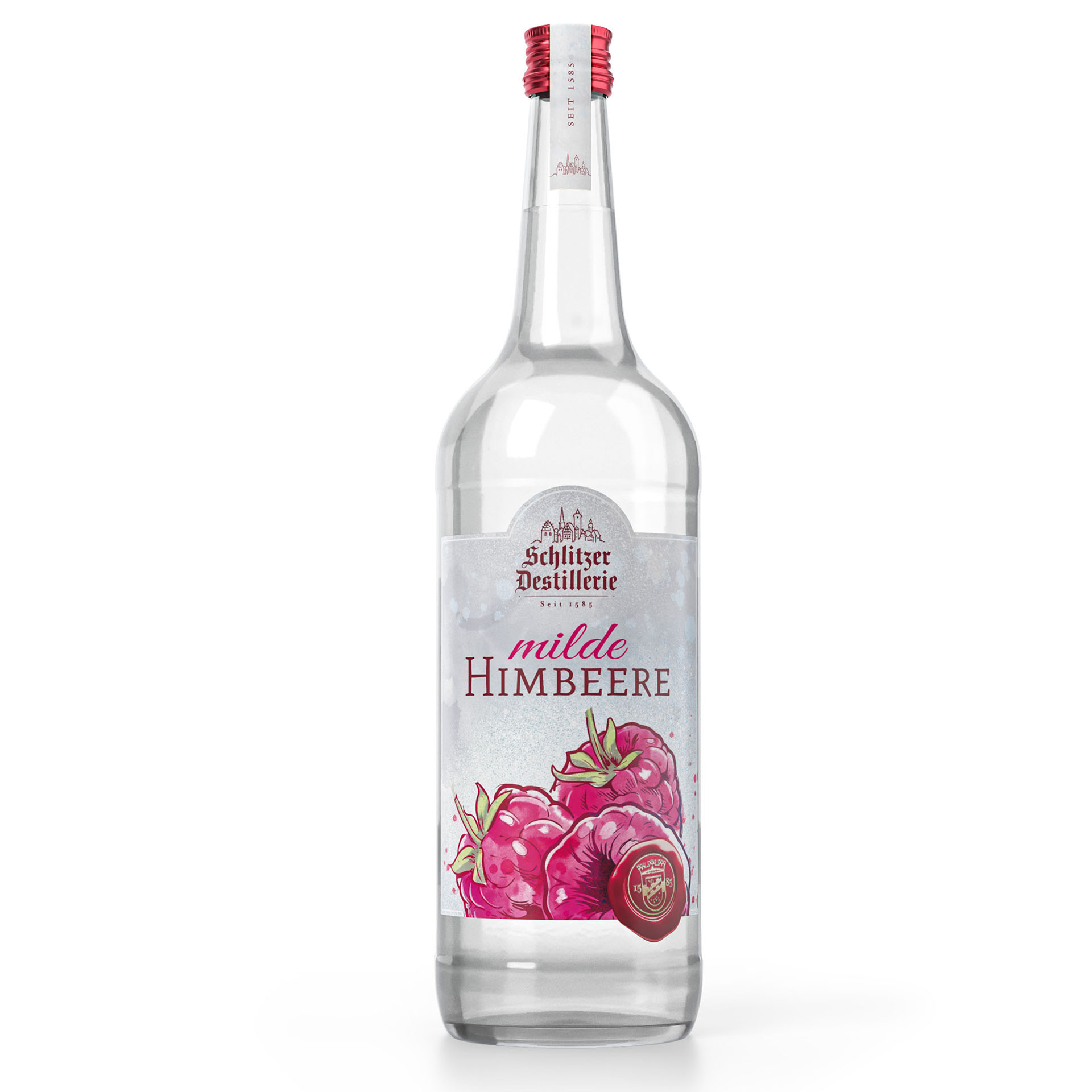 Schlitzer Milder Himbeerlikör – 1000 ml Flasche Fruchtlikör mit feiner Himbeernote Flasche Schlitzer Milde Himbeere – milder Himbeergeist in klarer 1-Liter-Flasche mit rotem Etikett und silbernem Schraubverschluss, Produkt der Schlitzer Destillerie.