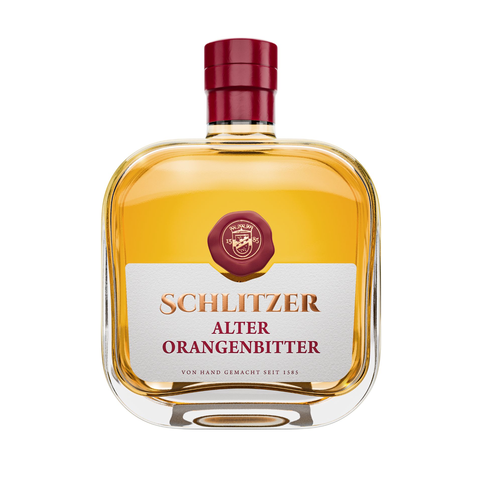 Schlitzer Orangenbitter – Edler Kräuterlikör mit natürlichem Orangengeschmack Flasche Schlitzer Orangebitter Likör mit orangefarbenem Etikett auf hellem Hintergrund, daneben aufgeschnittene Orange und Gewürze – hochwertiger Kräuterlikör aus der Schlitzer Destillerie.