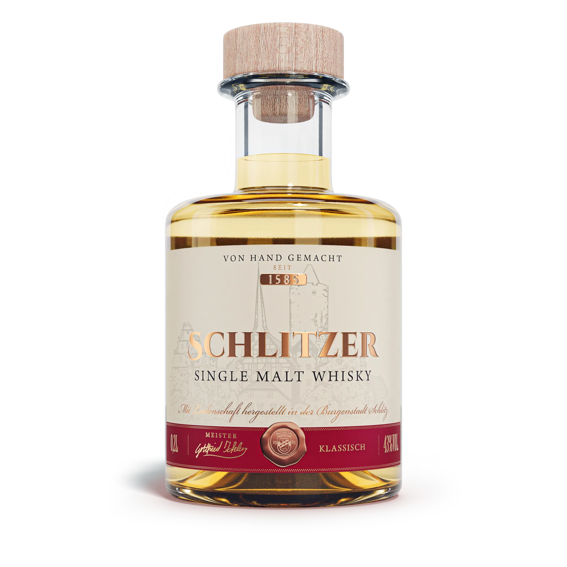 Single Malt Whisky klassisch 43%vol. in einer 0,2 Liter Glasflasche mit Holzgriffkorken