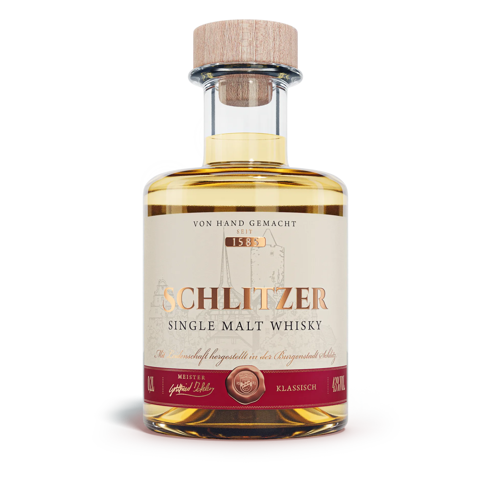 Single Malt Whisky Klassisch 200 ml – Schlitzer Destillerie 200ml Flasche Schlitzer Single Malt Whisky Klassisch mit goldener Flüssigkeit, schwarzem Etikett und Holzverschluss – deutsches Qualitätsprodukt aus traditioneller Destillerie.
