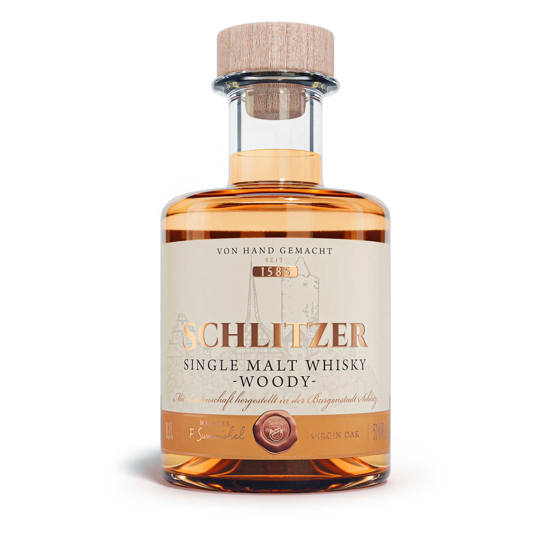 Schlitzer Single Malt Whisky Woody 200ml – Edler deutscher Whisky in limitierter Abfüllung Kleine Flasche Schlitzer Single Malt Whisky Woody Edition 200 ml, rechteckig mit Holzoptik-Etikett, goldfarbene Kapsel – edler deutscher Whisky in Premiumverpackung.