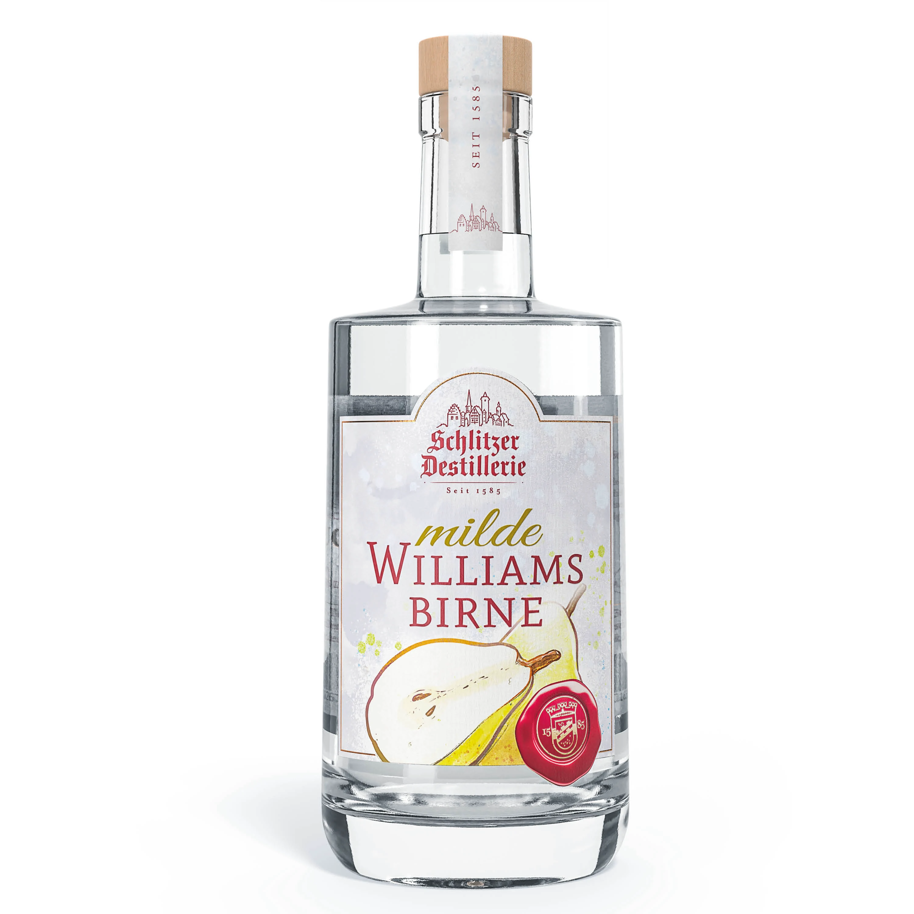 Williams Christ Birne Schnaps – Edler Obstbrand in eleganter Flasche Flasche Schlitzer Williams Christ Birnen Schnaps vor weißem Hintergrund, klare Glasflasche mit grün-gelbem Etikett, sichtbar reife Birne und Markenschriftzug – edler Obstbrand aus Deutschland.