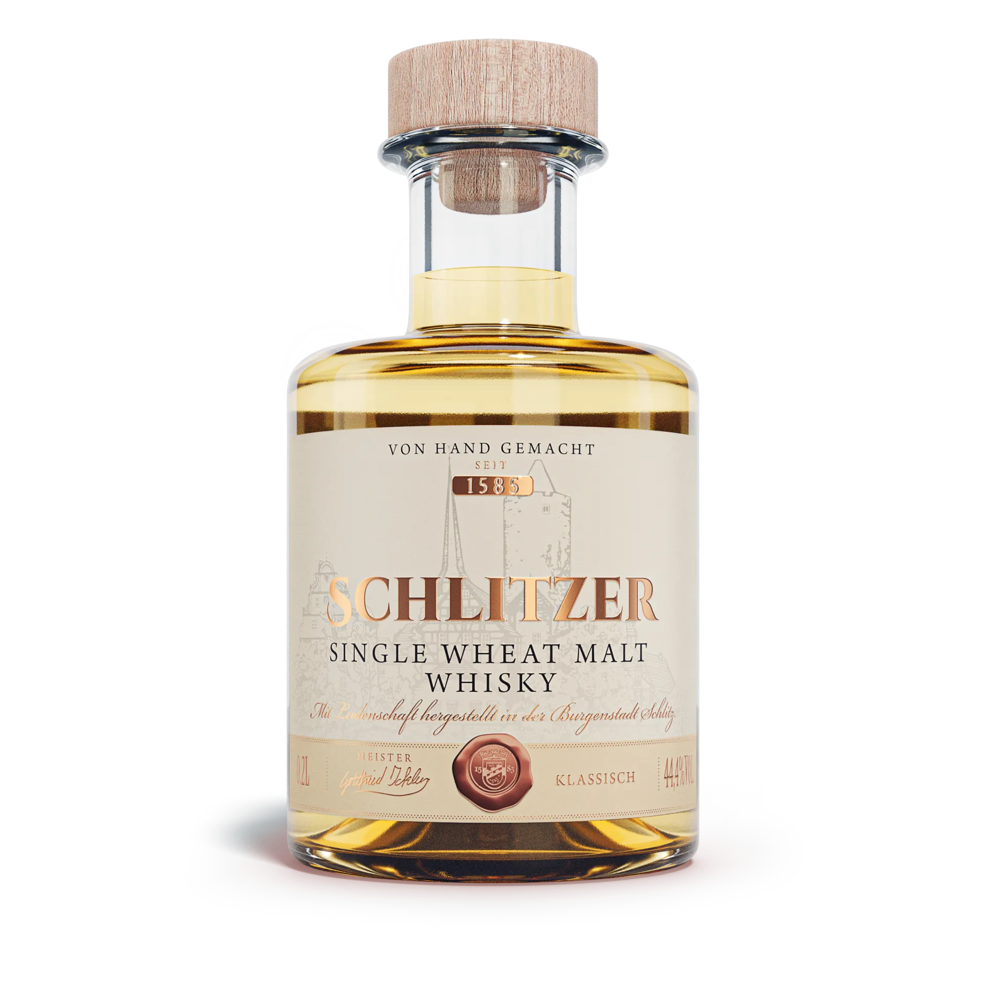 Schlitzer Single Wheat Malt Whisky 200ml – Deutscher Whisky in Miniaturflasche Flasche Schlitzer Single Wheat Malt Whisky 200 ml vor weißem Hintergrund – deutscher Weizenwhisky in klarer Glasflasche mit edlem Etikett und rotem Wachssiegel, Premium-Spirituose aus der Schlitzer Destillerie