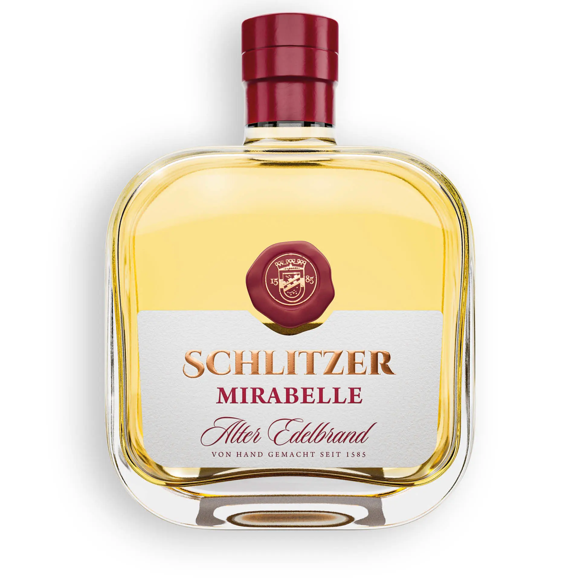 Alter Mirabellen-Brand im Eichenfass – Edler Obstbrand aus der Schlitzer Destillerie Flasche Alter Mirabellen Brand Eichenfass von Schlitzer Destillerie auf weißem Hintergrund, edles Design mit Holzoptik-Etikett, Premium-Spirituose aus Mirabellen, gereift im Eichenfass.