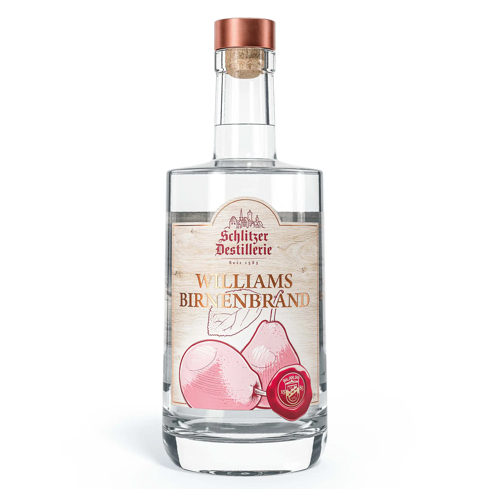 Schlitzer Williams-Christ-Birnenbrand in eleganter Flasche vor dunklem Hintergrund Flasche Schlitzer Williams-Christ-Birnen-Brand vor weißem Hintergrund, mit goldener Kapsel und elegantem Etikett, zeigt hochwertigen Obstbrand in klarer Glasflasche.