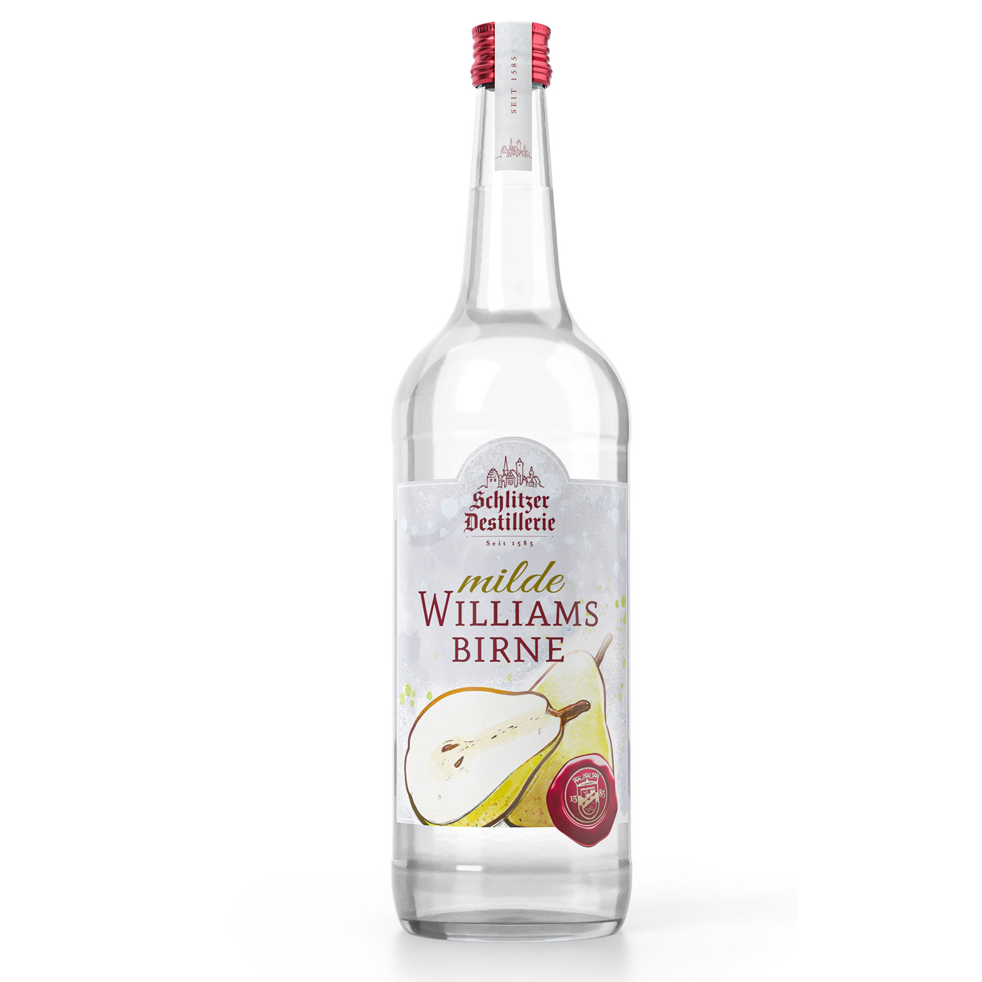 Schlitzer Milde Williams-Birne VS 1000ml – Edler Birnenbrand in Premium-Qualität Flasche Schlitzer Milde Williams-Birne VS 1000 ml mit klarer Birnenbrand-Spirituose, goldgelbem Etikett, rotem Schraubverschluss und sichtbarem Schlitzer Destillerie-Logo auf weißem Hintergrund.