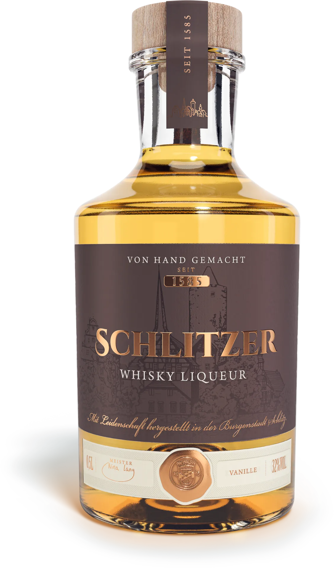 Whisky Liqueur 32%vol. in einer 0,5 Liter Glasflasche mit Holzgriffkorken