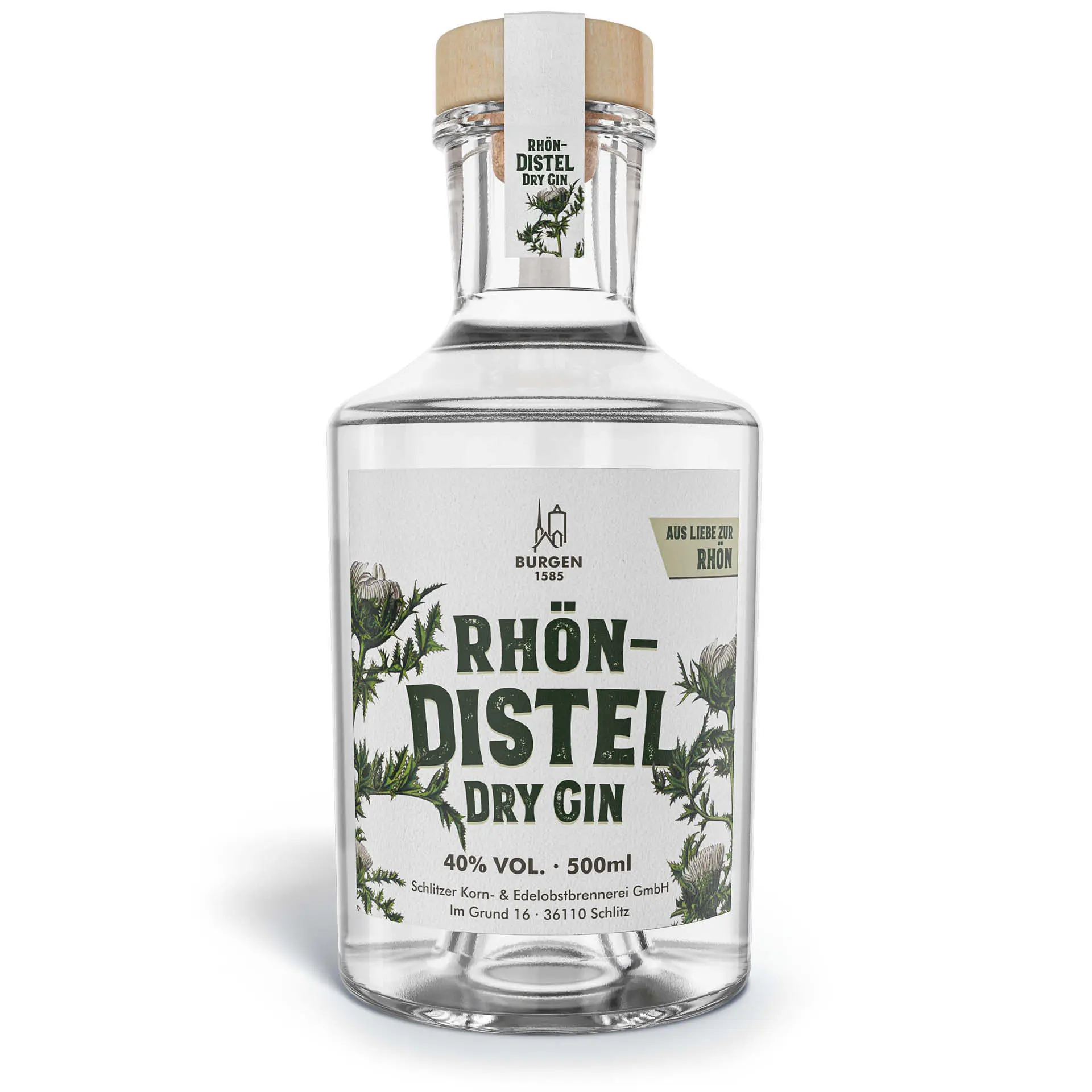 Burgen Gin Rhöndistel Edition 0,5l – Premium Dry Gin in stilvoller Flasche Burgen Gin Rhöndistel Edition 0,5l – stilvolle Flasche mit Naturmotiv, Premium-Gin aus der Schlitzer Destillerie, veredelt mit regionaler Rhöndistel, handgefertigt in Deutschland.