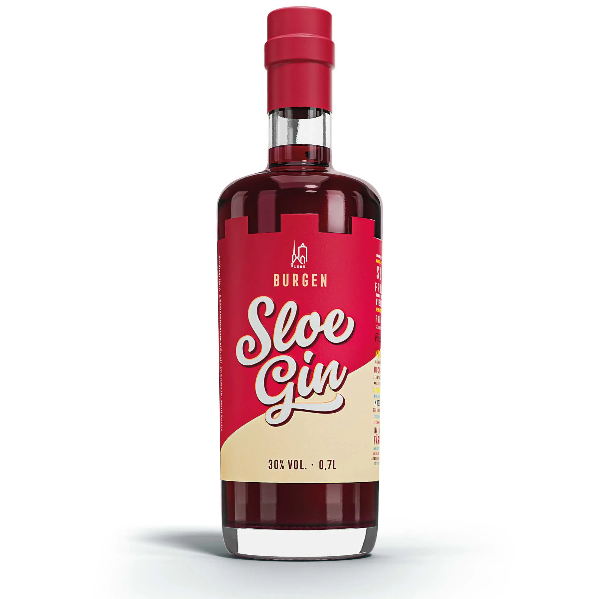 Schlitzer Sloe Gin 700ml – Edler Schlehenlikör in klarer Glasflasche mit rotem Etikett Flasche Schlitzer Sloe Gin 0,7 Liter vor weißem Hintergrund mit leichtem Schatten, Sicht auf das rote Etikett und den Holzverschluss.