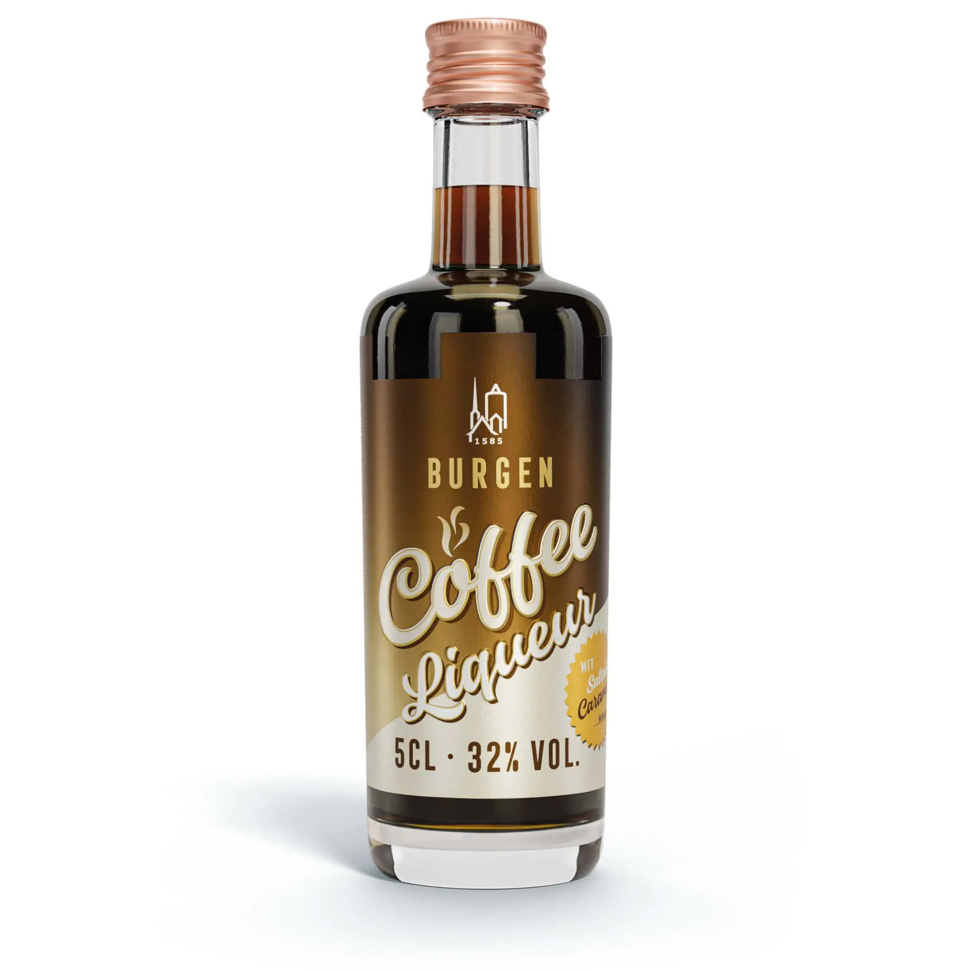 Burgen Coffee Likör 5cl – Aromatischer Kaffeelikör in Miniaturflasche Mini-Flasche Burgen Coffee Liqueur 5 cl von Schlitzer Destillerie – edler Kaffeelikör in dunklem Glas mit stilvollem Etikett auf weißem Hintergrund.