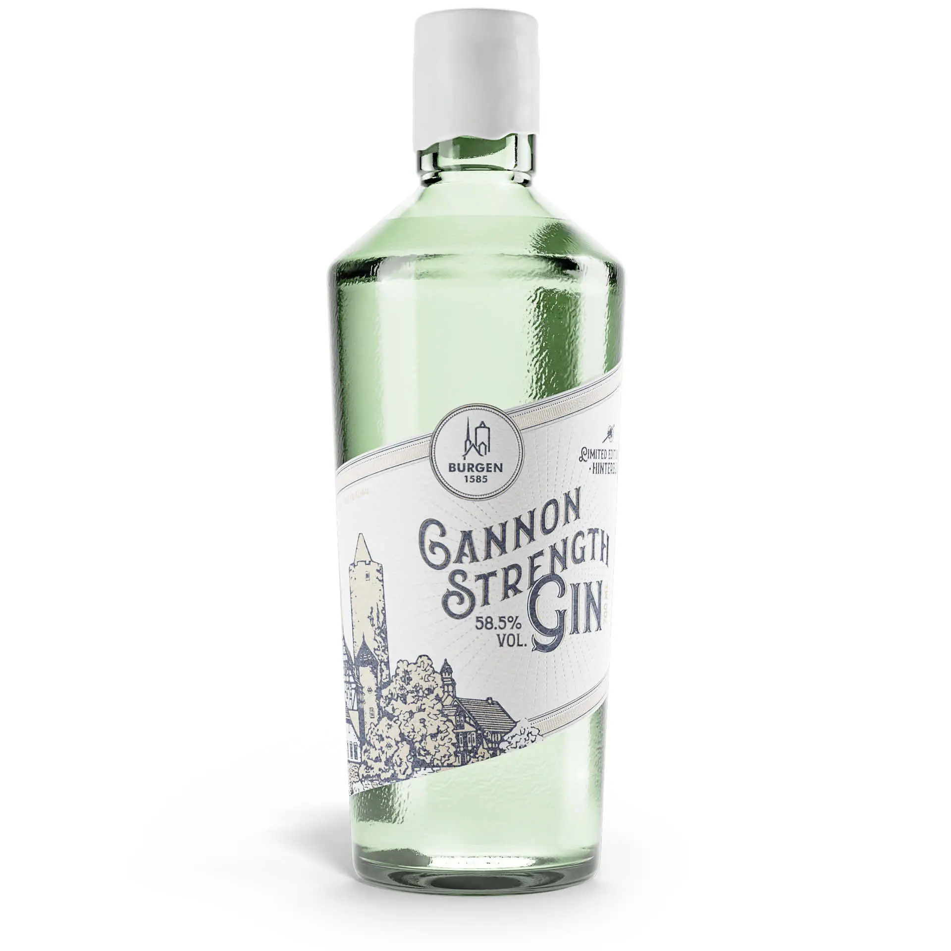 Cannon Strength Gin – Hochprozentiger Premium-Gin aus der Schlitzer Destillerie Flasche Cannon Strength Gin der Schlitzer Destillerie mit blau-weißem Etikett vor neutralem Hintergrund, professionell ausgeleuchtet mit leichtem Schattenwurf.