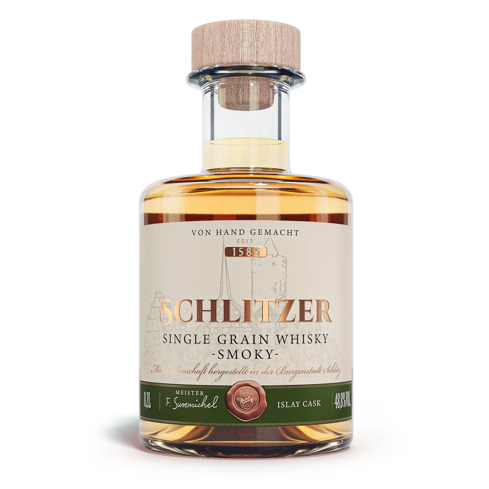 Schlitzer Whisky Smoky 200 ml – Deutscher Rauchwhisky in edler Flasche 200ml-Flasche Schlitzer Whisky Smoky – deutscher Single Malt mit rauchigem Aroma, goldbraune Spirituose in elegantem Glas mit schwarzem Etikett und rotem Logo, Produktfoto vor neutralem Hintergrund.