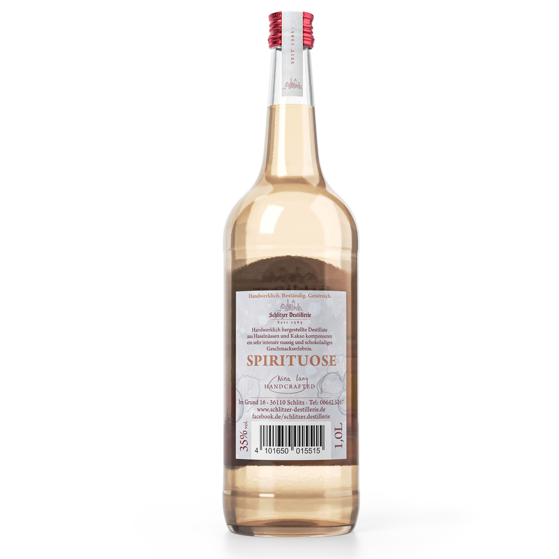 Schlitzer Milde Haselnuss Spirituose 1000ml – Nussiger Genuss in der Großflasche Flasche Schlitzer Milde Haselnuss Spirituose 1000 ml – braune Glasflasche mit goldener Schraubkappe, Etikett zeigt Haselnüsse und Produktdetails, vor weißem Hintergrund.