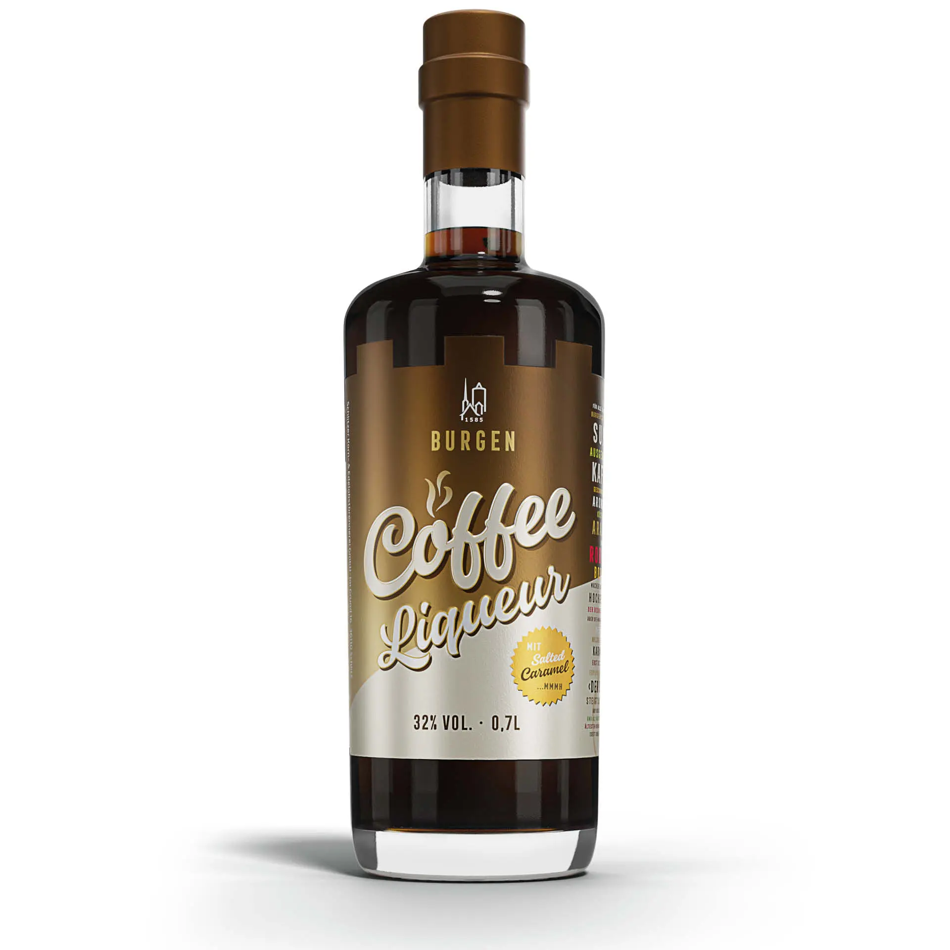 Burgen Coffee Liqueur 700ml Coffee Liqueur Salted Caramel 32%vol. in einer 0,7 Liter Gasflasche mit Holzgriffkorken