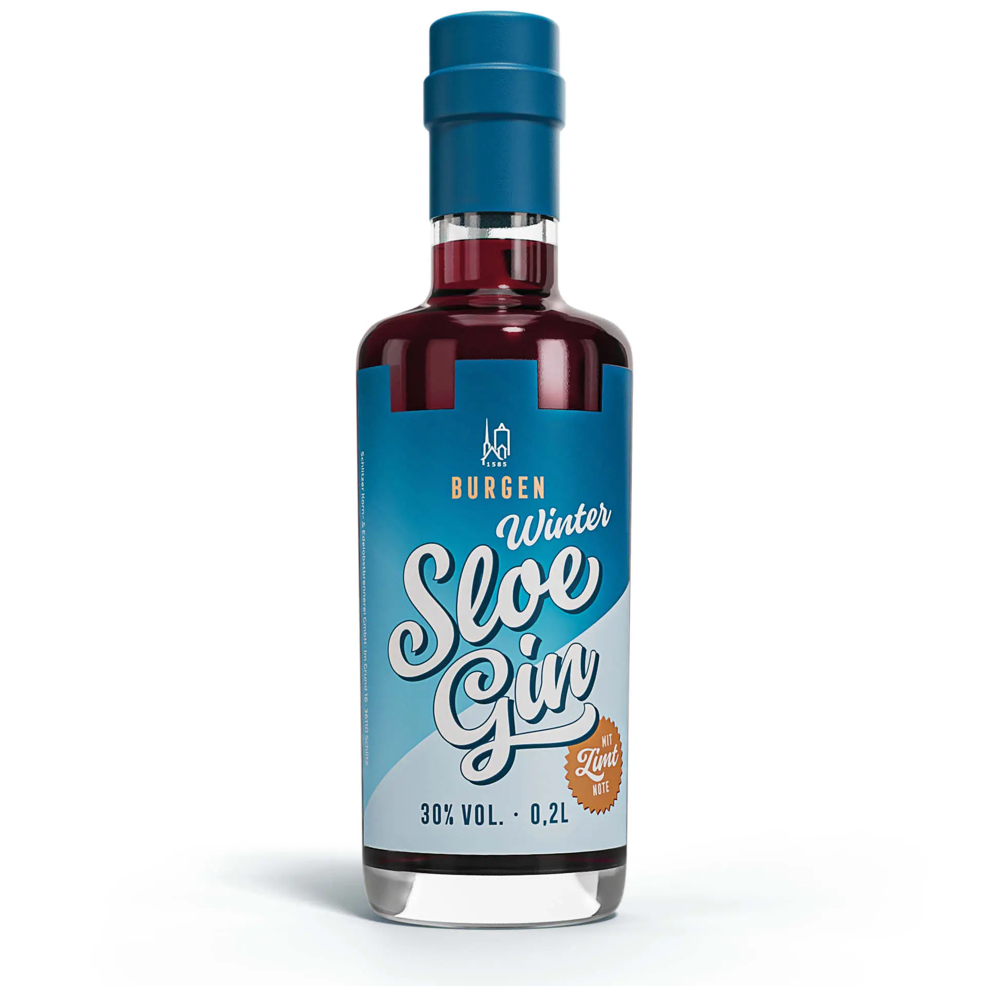 Winter Sloe Gin 200ml – Fruchtiger Schlehenlikör in edler Glasflasche Winter Sloe Gin 200ml Flasche der Schlitzer Destillerie – edles Design mit mattem Etikett, violett-roter Likörfarbe, harmonisch präsentiert vor weißem Hintergrund – fruchtiger Schlehengin für die Winterzeit