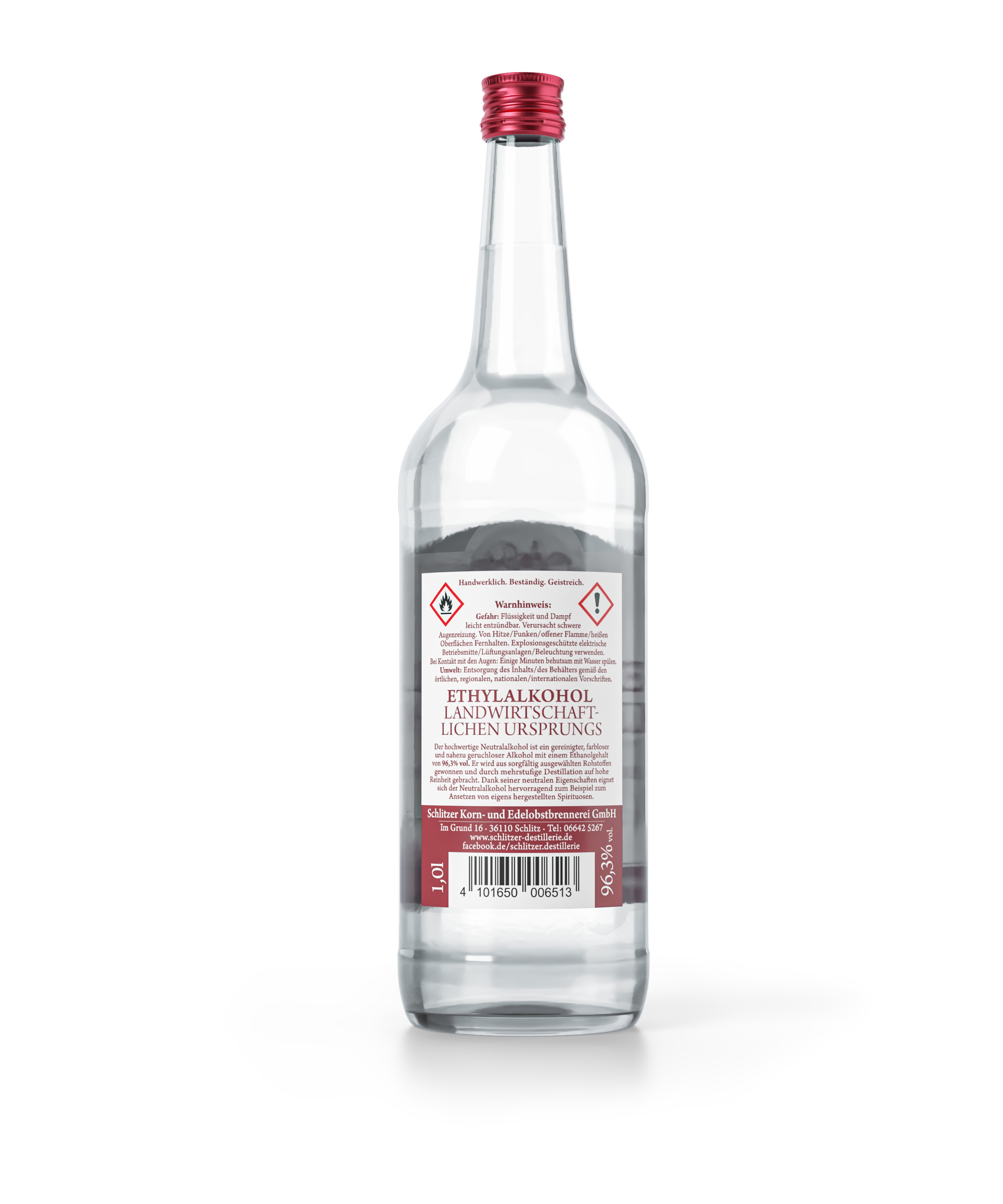 Schlitzer Neutralalkohol RS 1000ml – Reiner Alkohol in Laborqualität für Industrie und Handwerk Klare Glasflasche Schlitzer Neutralalkohol RS 1000 ml mit rotem Schraubverschluss, weißem Etikett und schwarzer Schrift auf hellem Hintergrund, Produkt der Schlitzer Destillerie für gewerbliche oder private Verwendung.