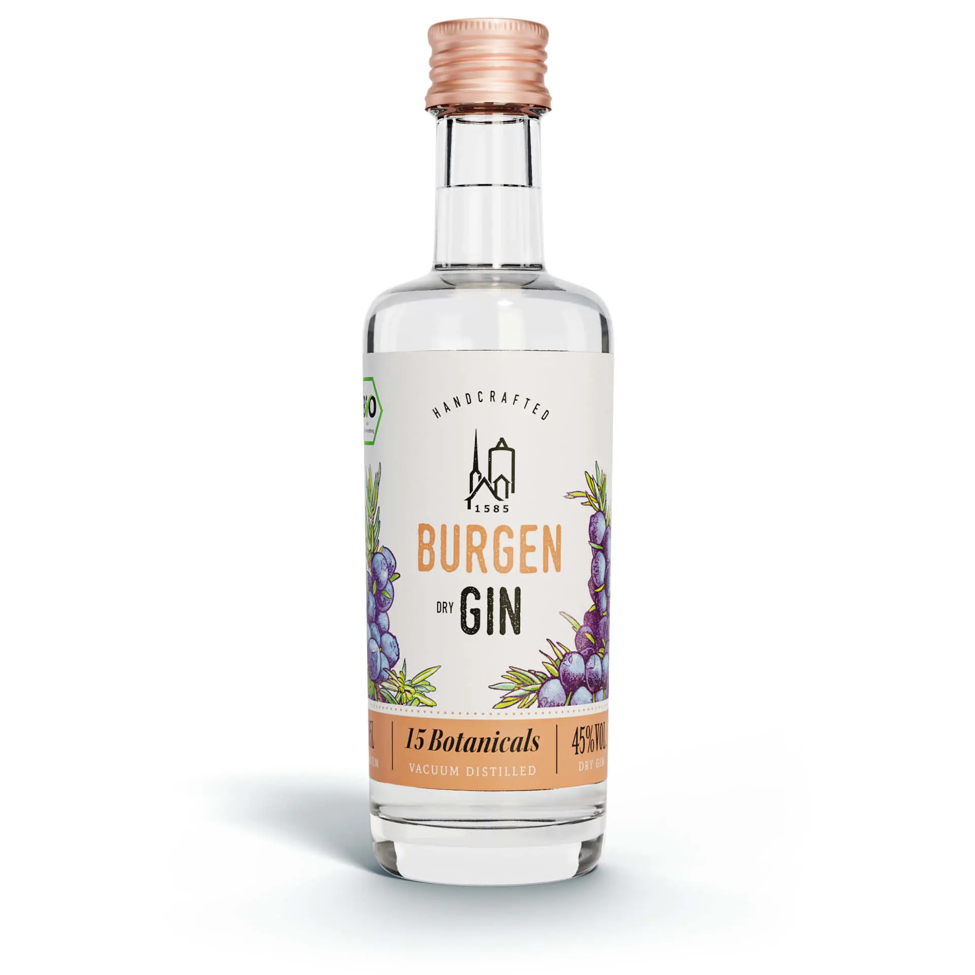 Burgen Dry Gin 50 ml Miniaturflasche – Premium deutscher Gin kaufen Burgen Dry Gin 50 ml Flasche – Premium deutscher Gin mit klarem Design und schwarzem Etikett, präsentiert vor weißem Hintergrund mit dezentem Schatten.
