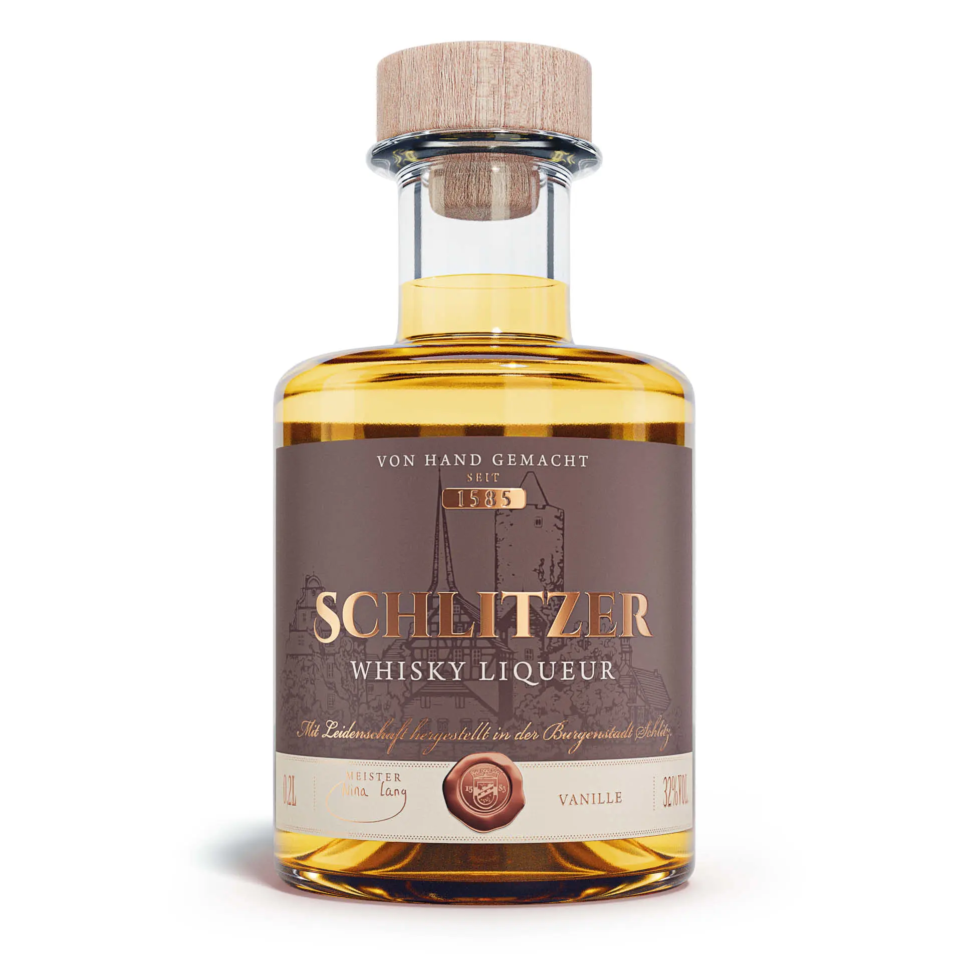 200ml Schlitzer Whisky-Likör – Edler Likör in Glasflasche 200ml Flasche Schlitzer Whisky Likör – edle Glasflasche mit goldenem Etikett, schwarzem Schraubverschluss und Aufschrift „Schlitzer Whisky-Liqueur“, präsentiert vor neutralem Hintergrund.