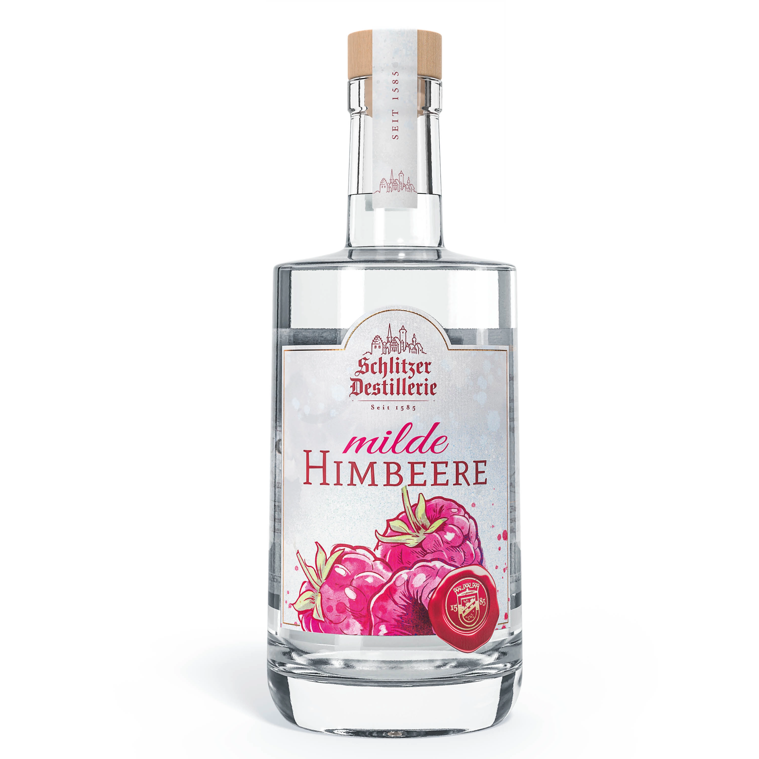 Schlitzer Milde Himbeere Spirituose – Fruchtiger Genuss mit feiner Himbeernote Flasche der Schlitzer Milde Himbeere Spirituose mit rotem Etikett vor weißem Hintergrund, fruchtige Himbeer-Spirituose mit 18 % Vol. Alkohol, hergestellt in der Schlitzer Destillerie – regionale Spezialität aus Hessen.