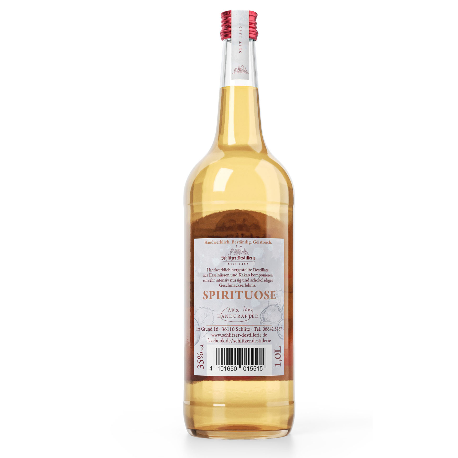 Schlitzer Milde Marille – Obstbrand in 1-Liter-Flasche mit Schraubverschluss Klare Glasflasche der Schlitzer Destillerie mit 1 Liter „Milde Marille“ Likör, goldgelber Inhalt, weißes Etikett mit orangener Schrift und Logo, Produkt steht auf weißem Hintergrund.