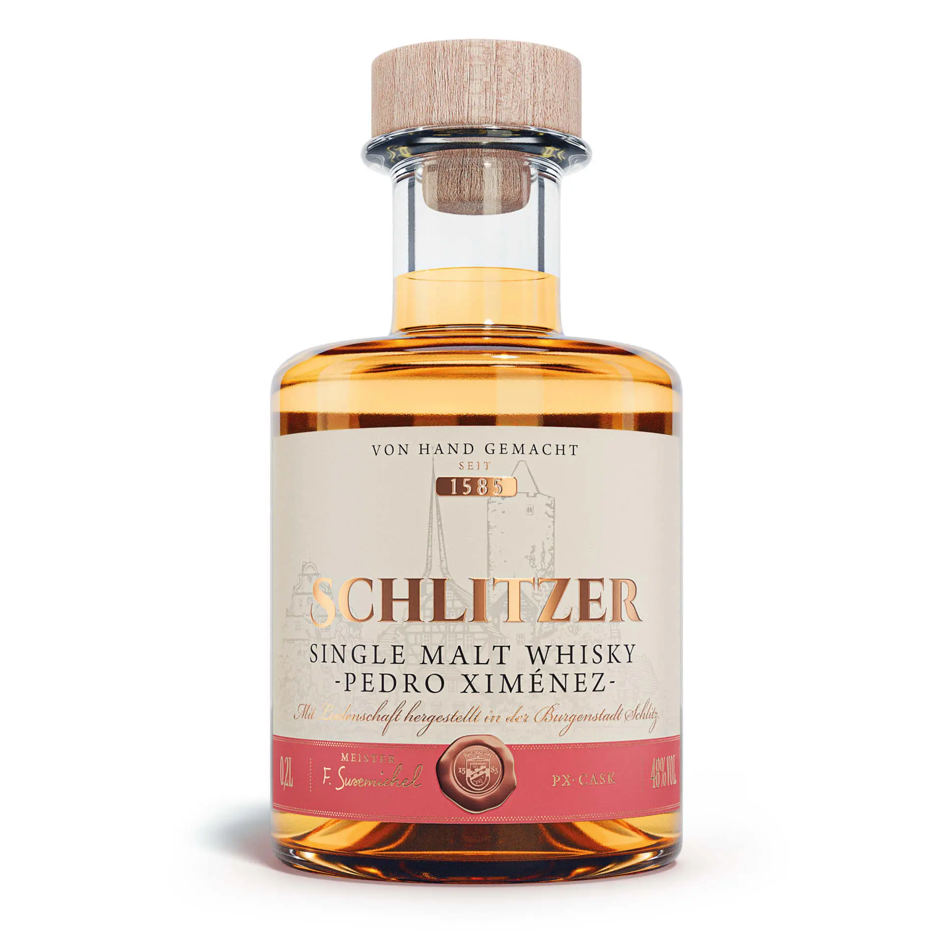 Schlitzer Whisky Pedro Ximénez Finish 200ml – Edler Single Malt in hochwertiger Flasche Flasche Schlitzer Single Malt Whisky PX in 200 ml, bernsteinfarbene Spirituose mit Holzkorken; edles Etikett mit Angabe der Lagerung in Pedro-Ximénez-Sherry-Fässern, vor weißem Hintergrund.