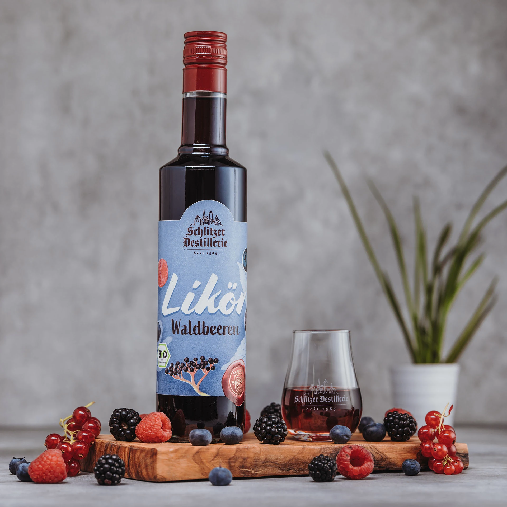 Waldbeeren Bio Likör Flasche mit frischen Waldbeeren im Hintergrund – Schlitzer Destillerie Webshop Produktbild.