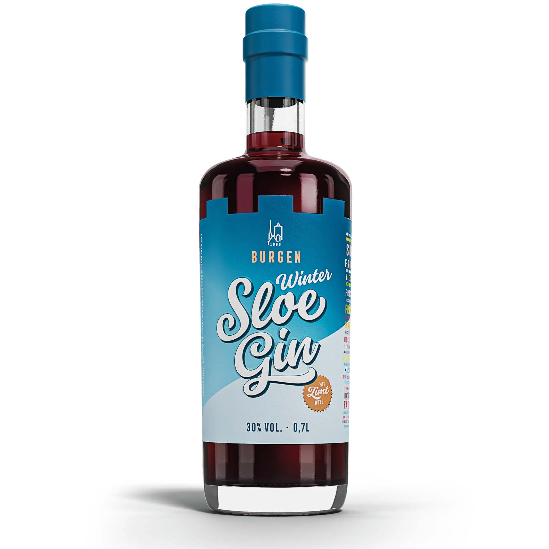 Schlitzer Winter Sloe Gin – 700ml Flasche mit Schattenansicht Flasche Schlitzer Winter Sloe Gin 0,7 l mit rotem Etikett auf weißem Hintergrund, leichter Schlagschatten rechts, winterliches Design mit Schlehenmotiv.