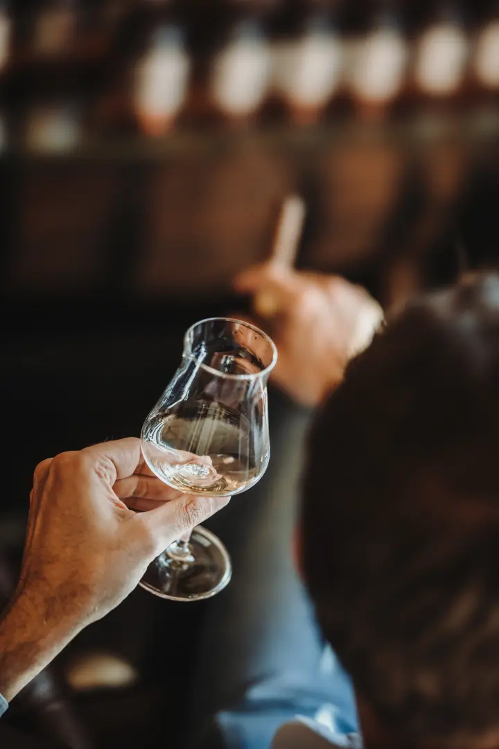 Stimmungsvolle Whisky-Lounge mit edler Beleuchtung und Fasslagerambiente Stimmungsvolle Whisky-Lounge mit gedimmtem Licht, Vintage-Ledersesseln und beleuchtetem Regal voller edler Whiskyflaschen der Schlitzer Destillerie.
