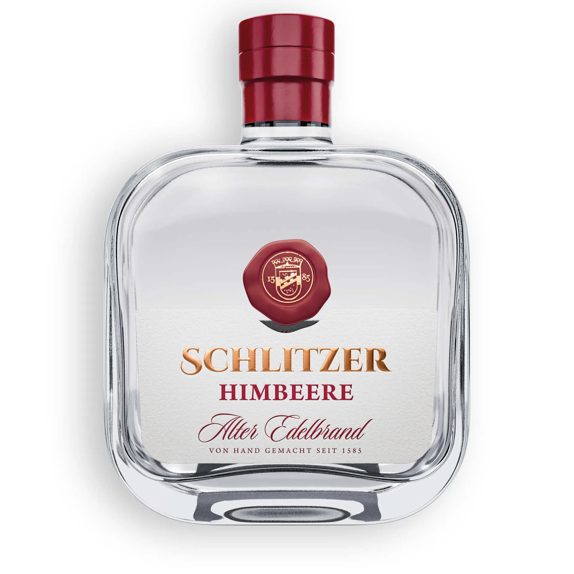 Alter Himbeerbrand – Edler Obstbrand aus Himbeeren in stilvoller Flasche Flasche Alter Himbeer Brand der Schlitzer Destillerie mit hellbraunem Etikett und goldener Schrift auf weißem Hintergrund – hochwertige Spirituose in edler Verpackung.