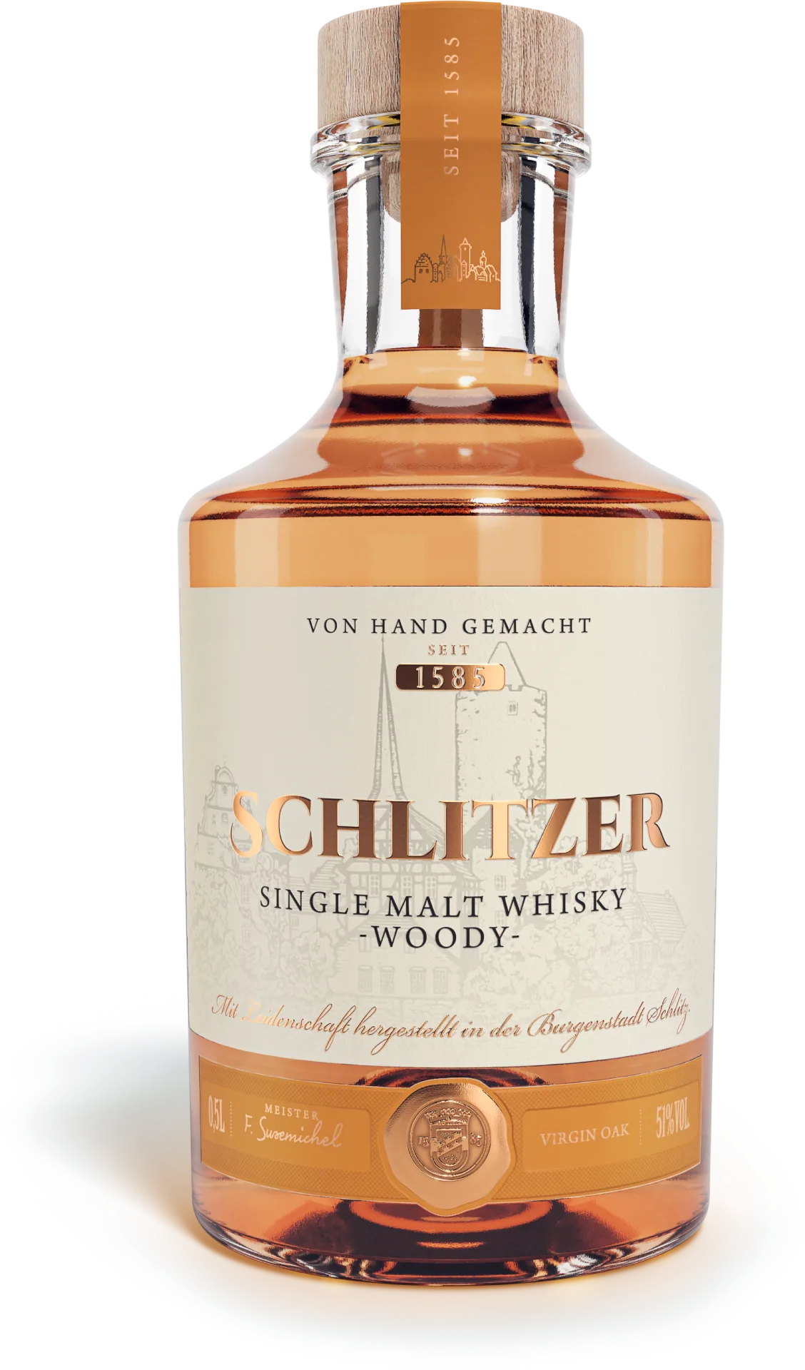 Single Malt Whisky woody 51%vol. in einer 0,5 Liter Glasflasche mit Holzgriffkorken