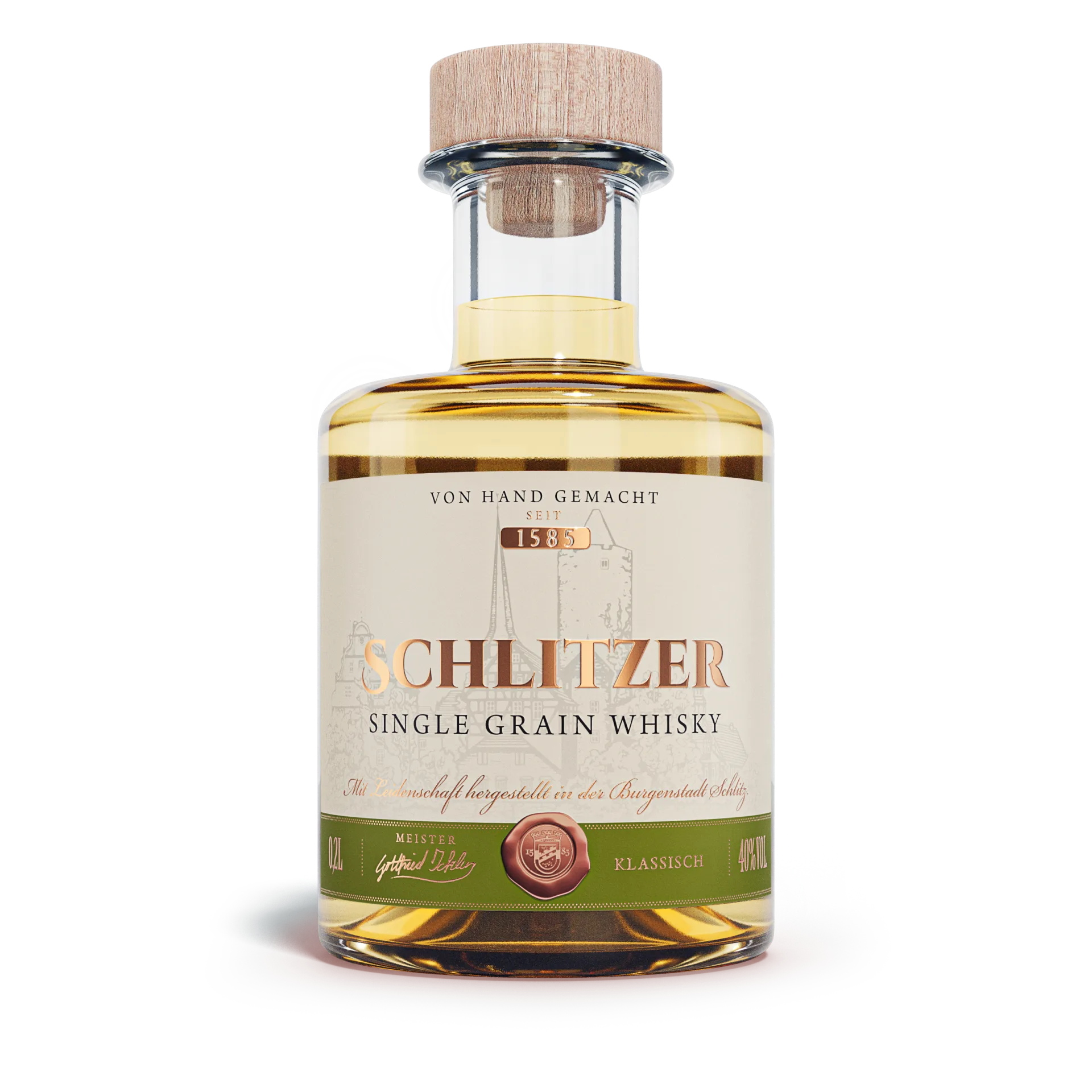 Schlitzer Single Grain Whisky 200ml – Deutscher Whisky in eleganter Flasche Flasche Schlitzer Single Grain Whisky, 200 ml, vor weißem Hintergrund – klarer Glasbehälter mit goldenem Schraubverschluss, Etikett mit Logo der Schlitzer Destillerie und Produktinformationen sichtbar.