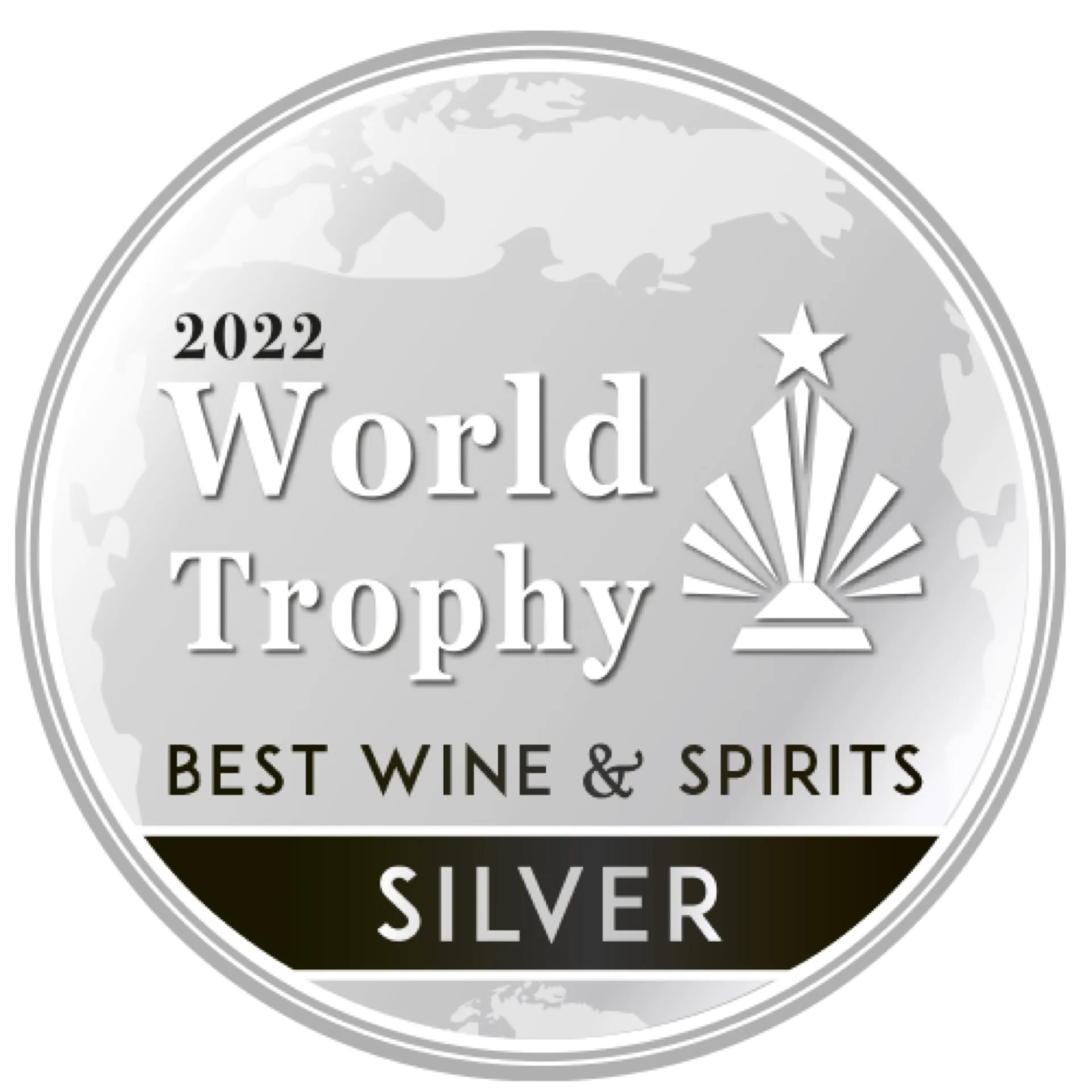 Silber-Auszeichnung bei der World Trophy für Schlitzer Destillerie Silberne Auszeichnung der Schlitzer Destillerie bei der World Trophy mit Medaille und stilisierter Urkunde auf weißem Hintergrund