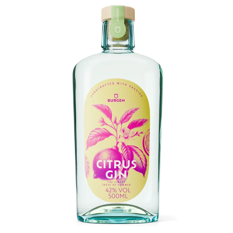 Flasche Schlitzer Citrus Dry Gin mit gelbem Etikett und Zitronenmotiv, stehend vor weißem Hintergrund – hochwertiger deutscher Gin mit frischer Zitrusnote.