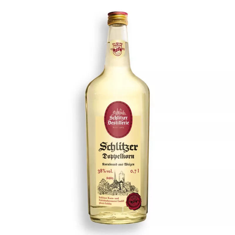 Flasche Schlitzer Doppelkorn 700 ml – glasklare Spirituose mit traditionellem Etikett und rotem Verschluss, deutsche Korn-Spezialität aus der Schlitzer Destillerie.