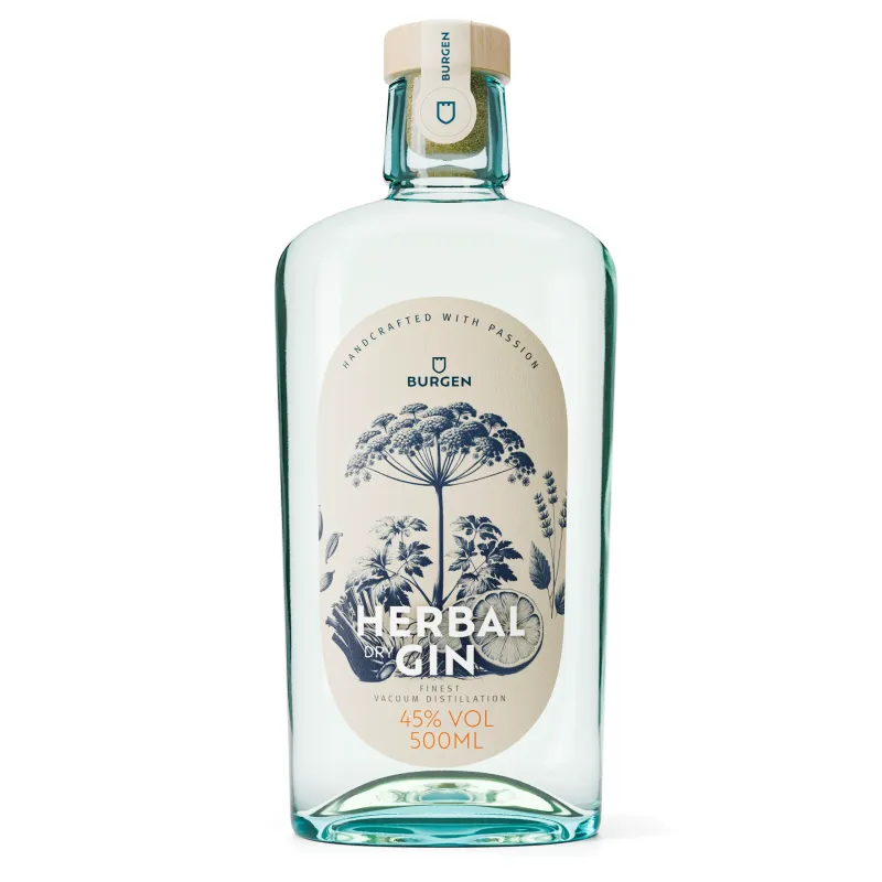 Flasche Schlitzer Herbal Dry Gin vor weißem Hintergrund mit Holzverschluss und grünem Etikett, darauf Schriftzug „Herbal Dry Gin“ sowie Logo der Schlitzer Destillerie.